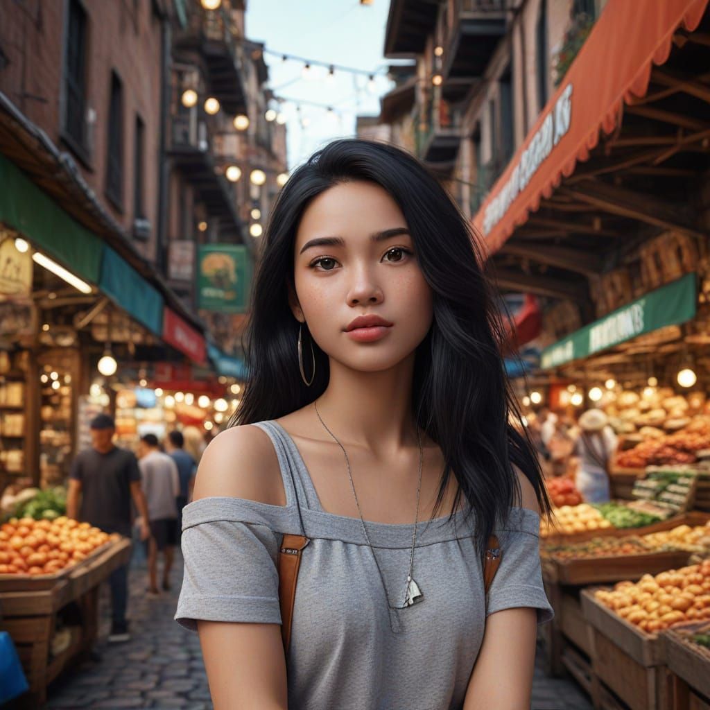 Pixar Style Filipina Woman in Vibrant Marketplace