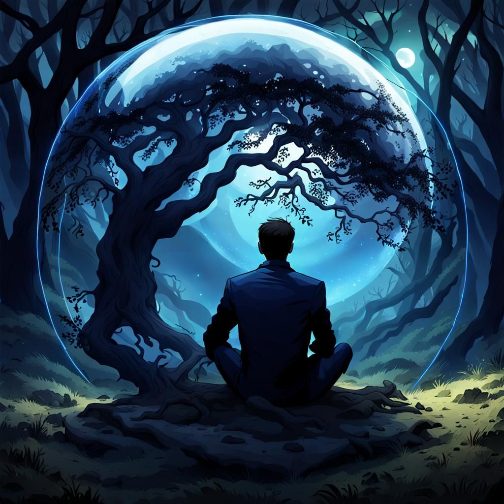 Man in Bubble Under Tree: Fantasy Digital Art