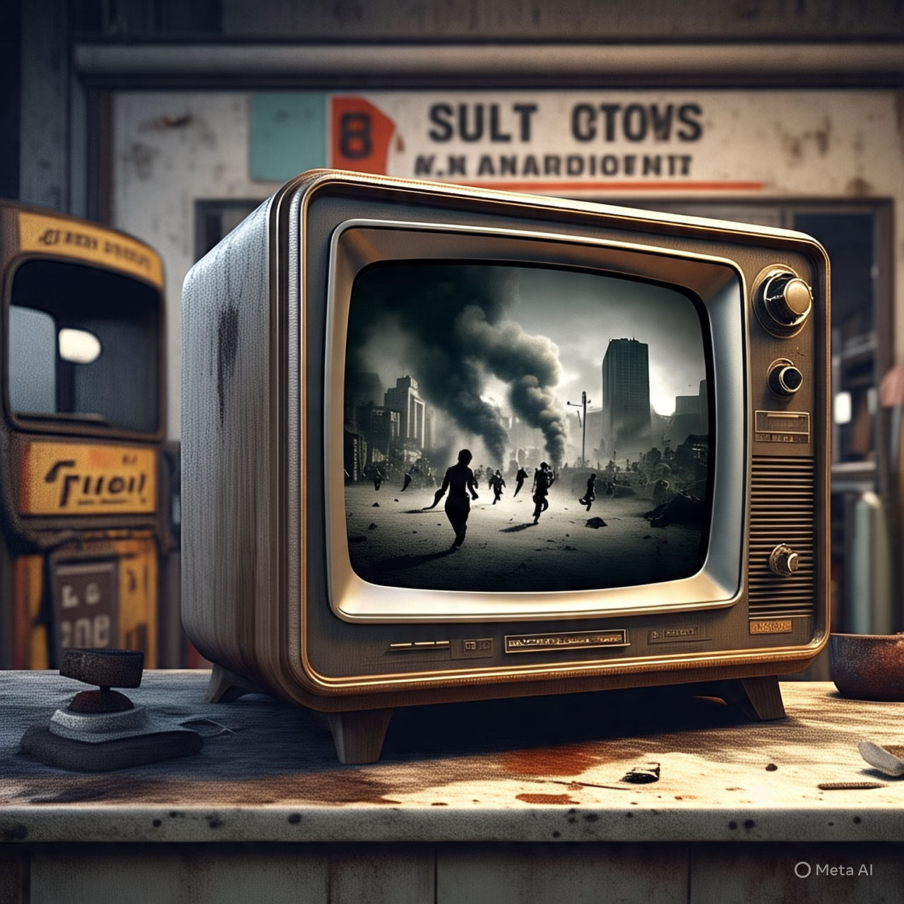 An awful news report appears on a vintage TV in a gas station