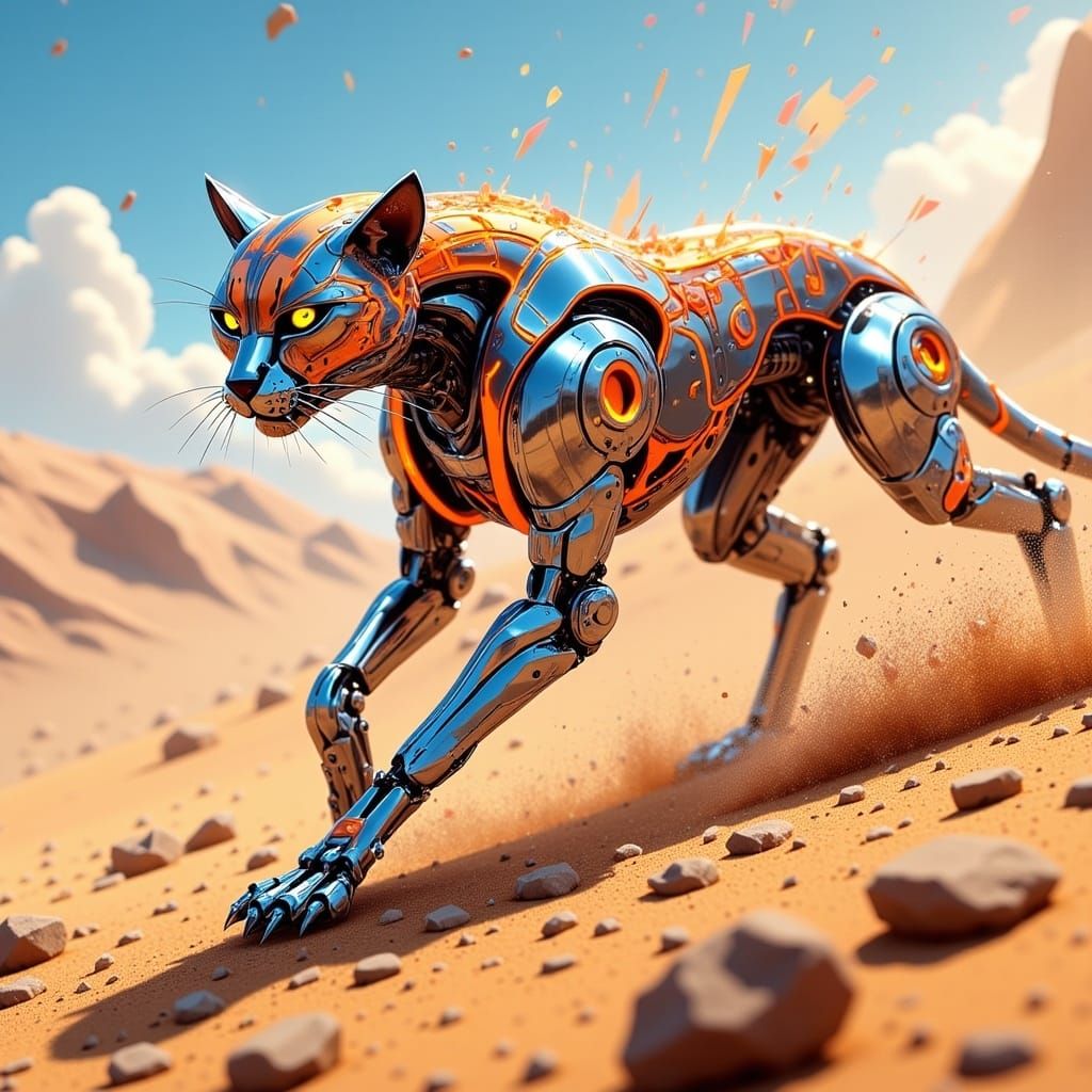Robo-Cheetah in Pursuit
A robotic cheetah with sleek chrome skin and glowing neon stripes racing through a futuri...