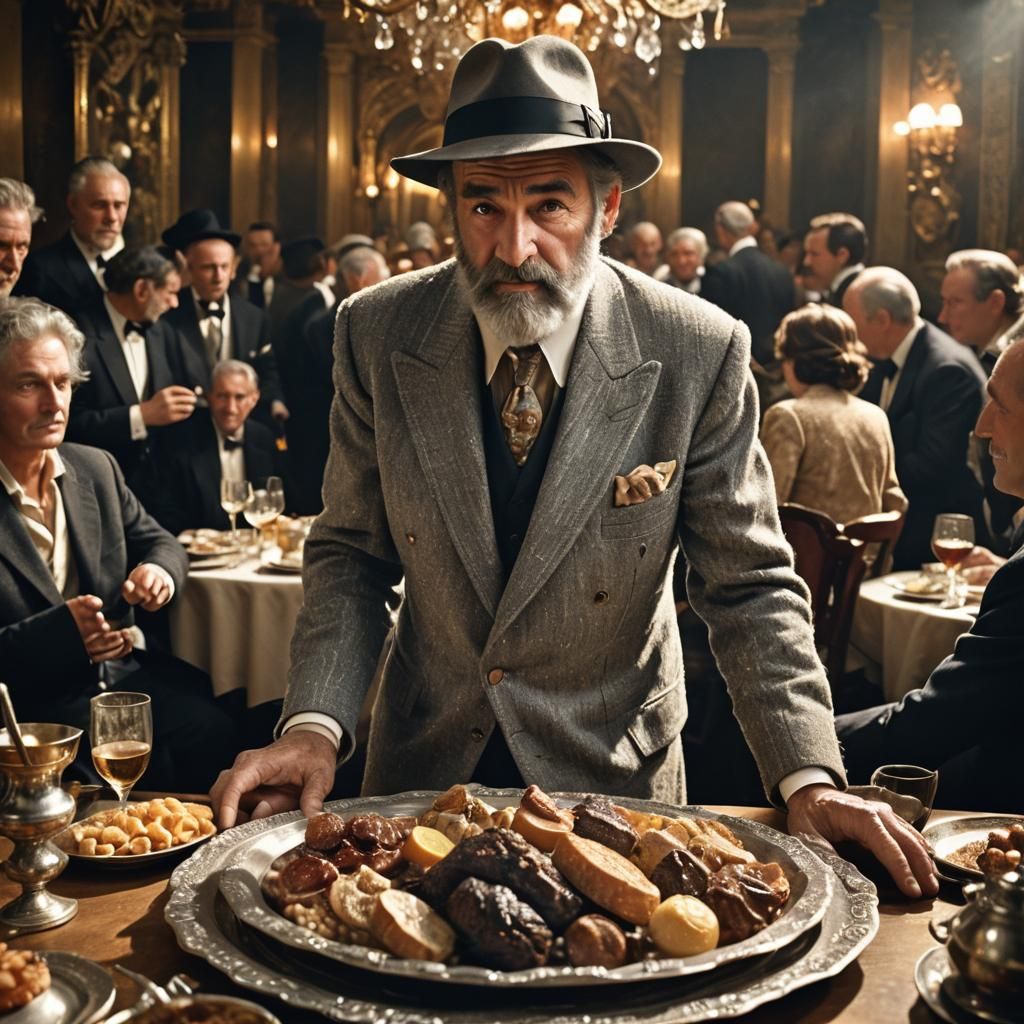 Giant Man in Fedora with Sumptuous Feast