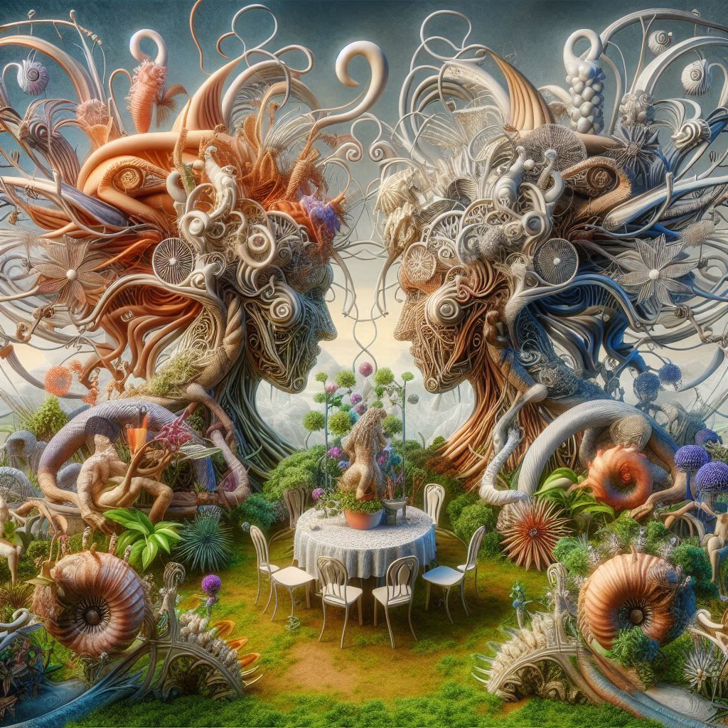 A surreal garden party with whimsical sculptures and strange...