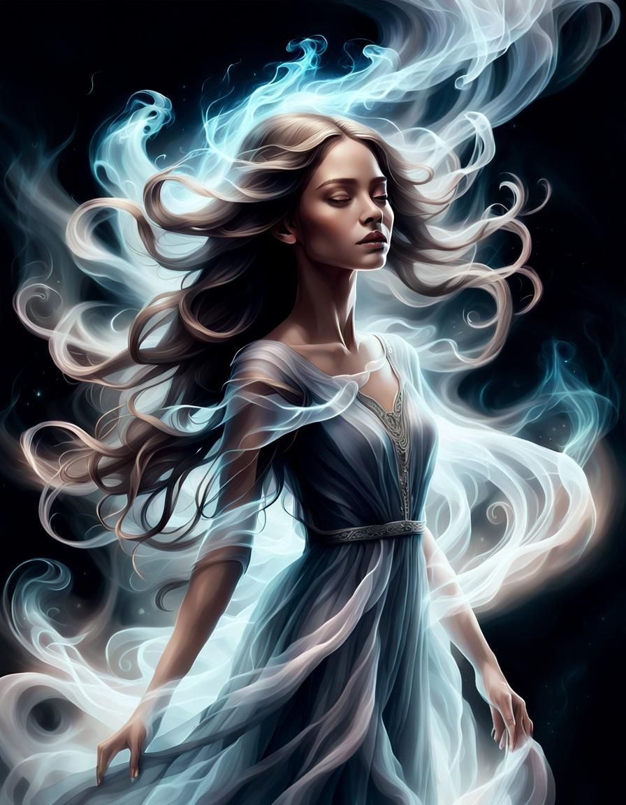 an ethereal woman emerging from the smoky darkness