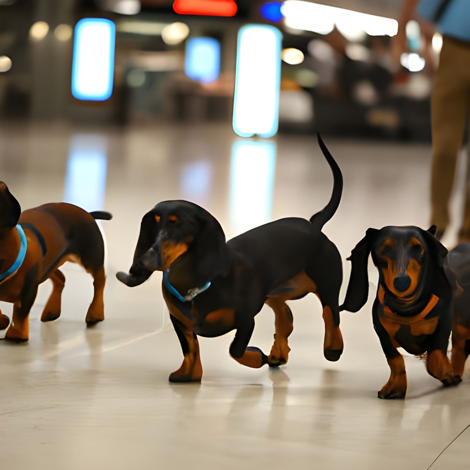 Dachshunds wandering through a busy airport