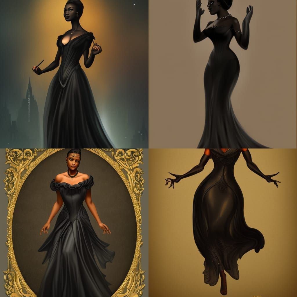 Black beautiful female in a elegant black dress at night in ...