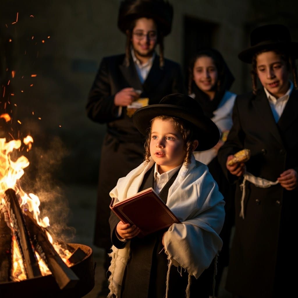 Young Hasidic Boy Stands Beside Glowing Bonfire in Vibrant I...