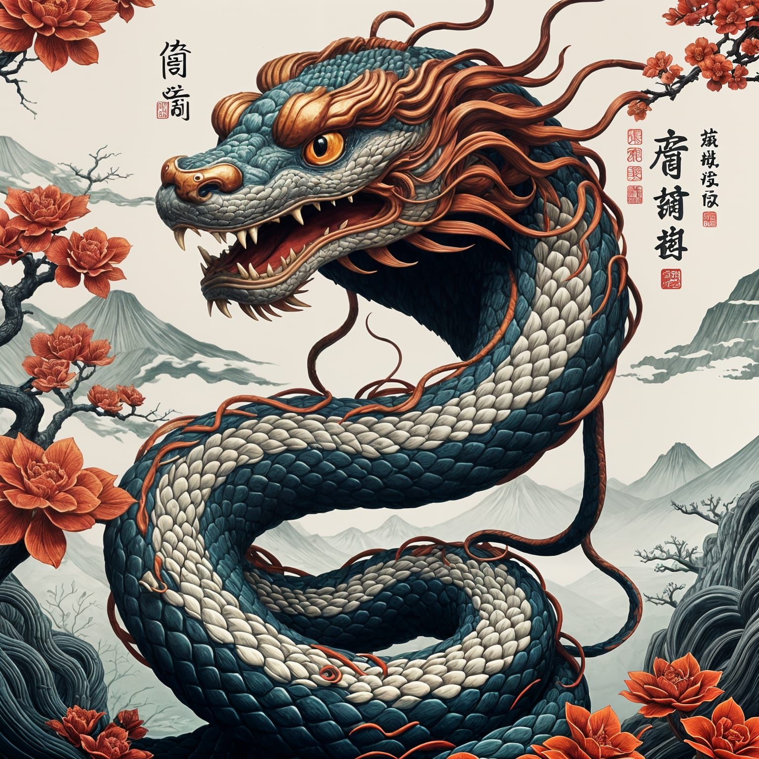 Traditional Chinese year of the Snake WLOP deep colors digital illustration filigree 3DEXCITE  3D fantasycore ...  by @Oma
