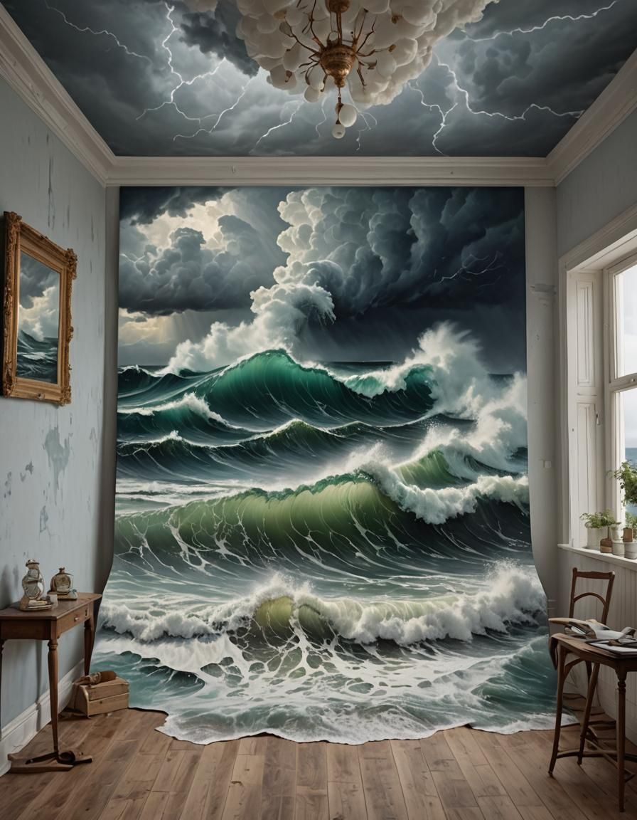 room with a big canvas with an ocean picture. Storm clouds and waves come out of a painted picture and ...  by @amazoon