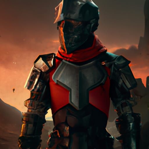 Mercenary with a red tie and a black suit, with a helmet