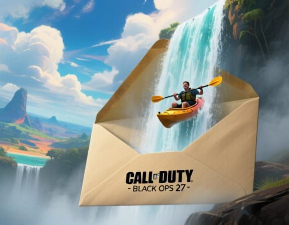 An open envelope and from it comes out in a dreamlike way a tall waterfall and kayaks with men in them descend down it. Smiling, as if it wa...