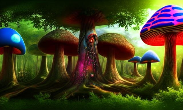 Psychedelic Mushroom Treehouse: Hyperdetailed Aetherpunk Fan...