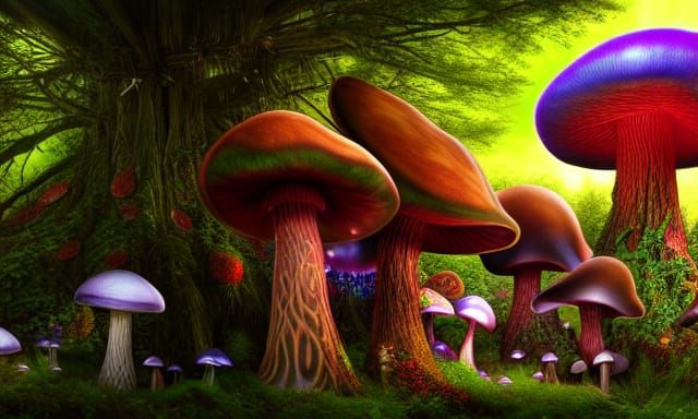 Psychedelic Mushroom Treehouse in Aetherpunk Style