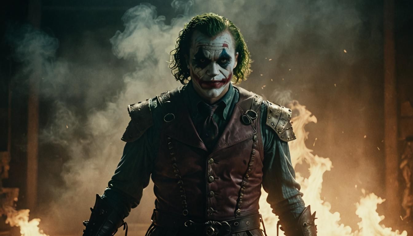 Joker Gladiator in Smoky Arena: Cinematic Film Still