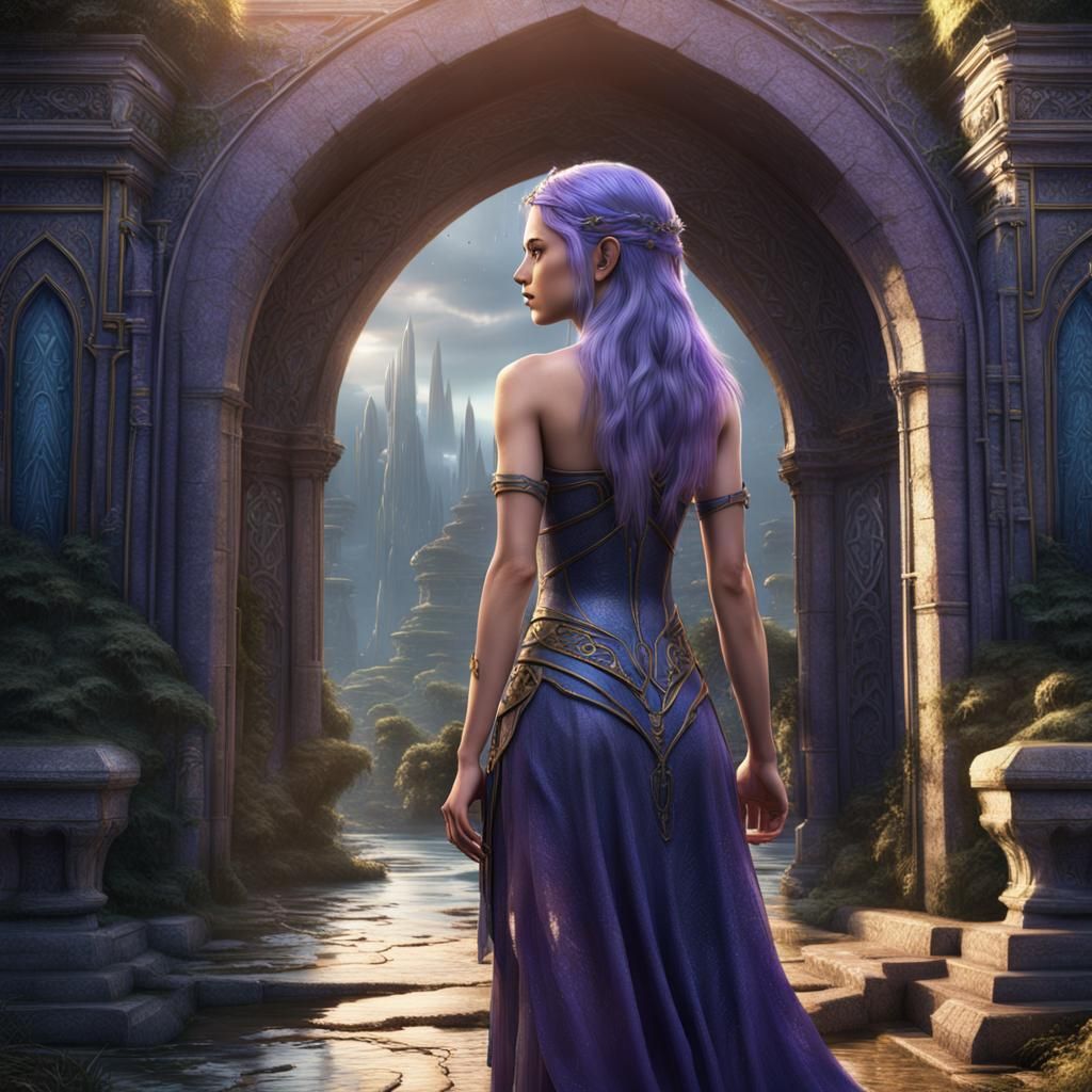 Young elven girl with purple hair in strapless see through o...