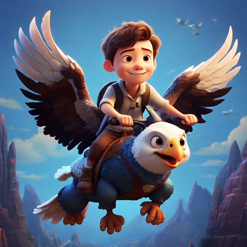 A cute boy riding a flying eagle