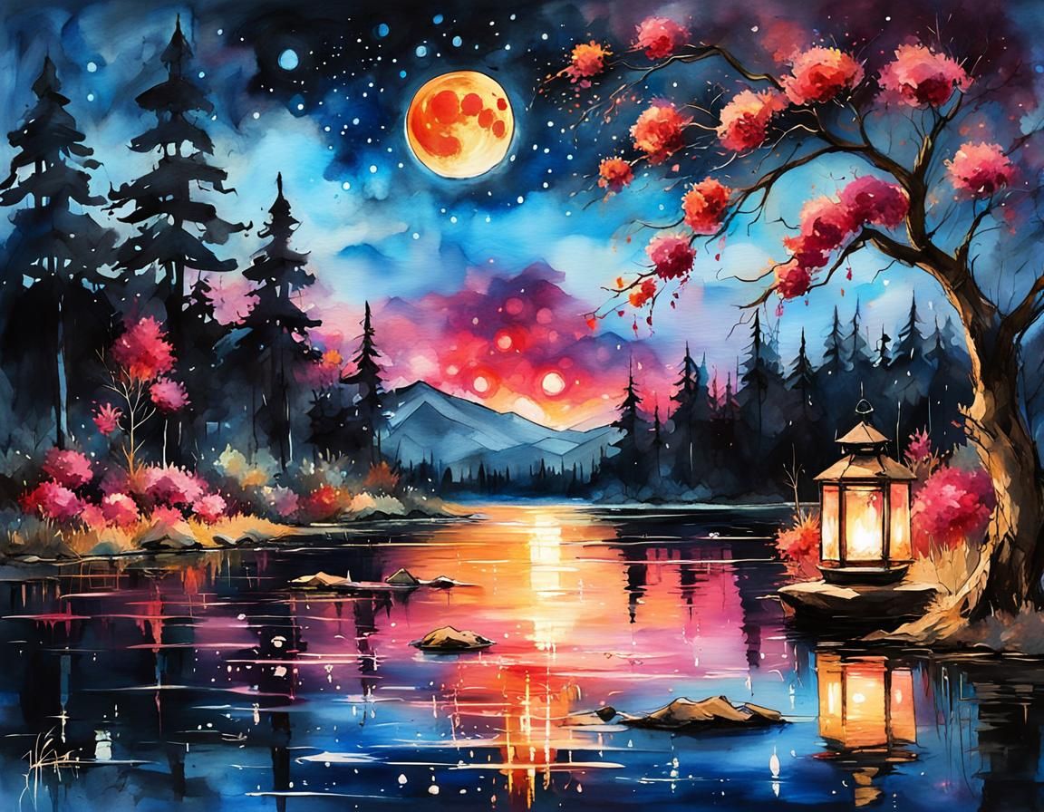 glowing lanterns trending on art station cinematic glowing ruby hues sunset sky nighttime large dramatic ...  by @Jasmine Liu