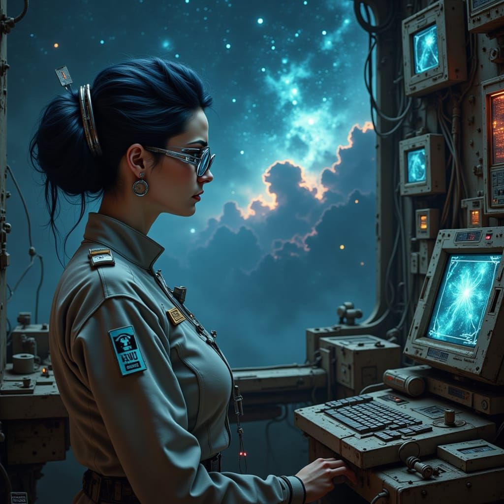 A lone starship captain gazes out at a breathtaking nebula, their face illuminated by the soft glow of the ship's console. They are clad in ...