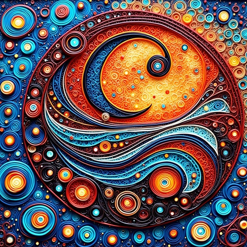 <lora:Zentangled:1.0>
Glowing Zentangle Yin Yang with intricate tiny circles and Horror fire swirls. By van gogh. Colourful. Retro shapes. S...