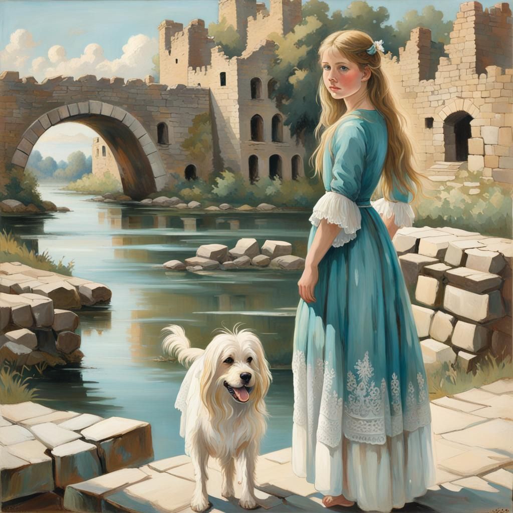 Young girl with long blond hair and green grey eyes and deta...