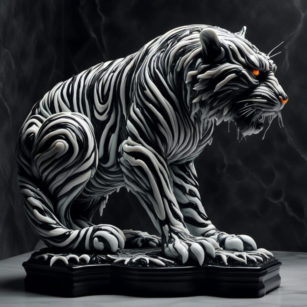 <lora:Symbiotic:1.0>  Formidable black and white organic stone carved into intricate 3d mesh array tiger. Glowing triadic color  lights flow...