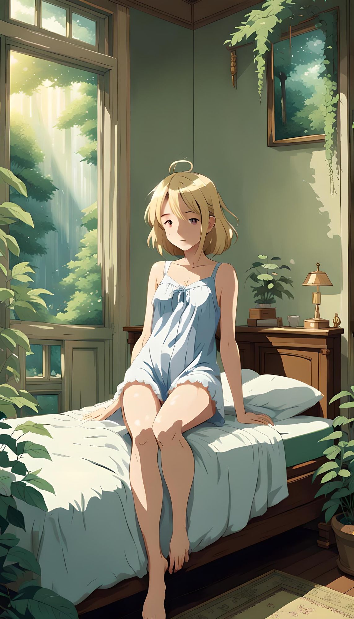 Beautiful blonde sleepwear, full body, royal room, cutest legs, beatuy garden
