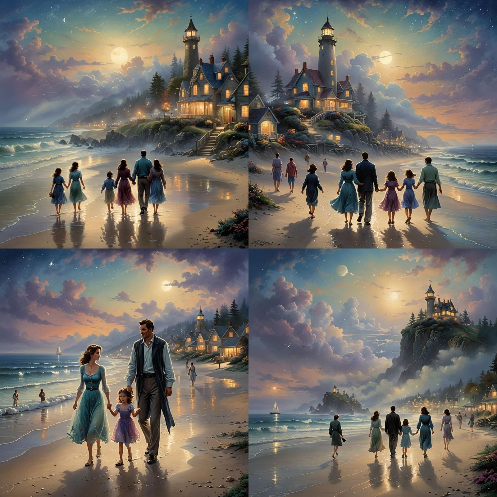 Family walking on the beach at night