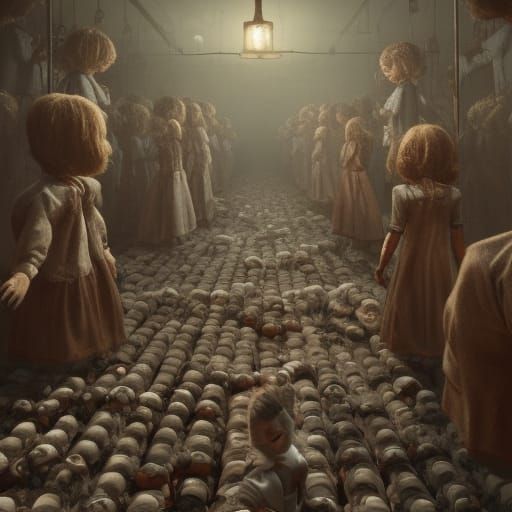 A creepy doll factory with rows of lifeless dolls staring bl...