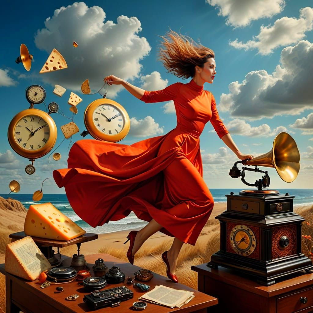 Dynamic Portrait of Happy Woman in Surreal Setting