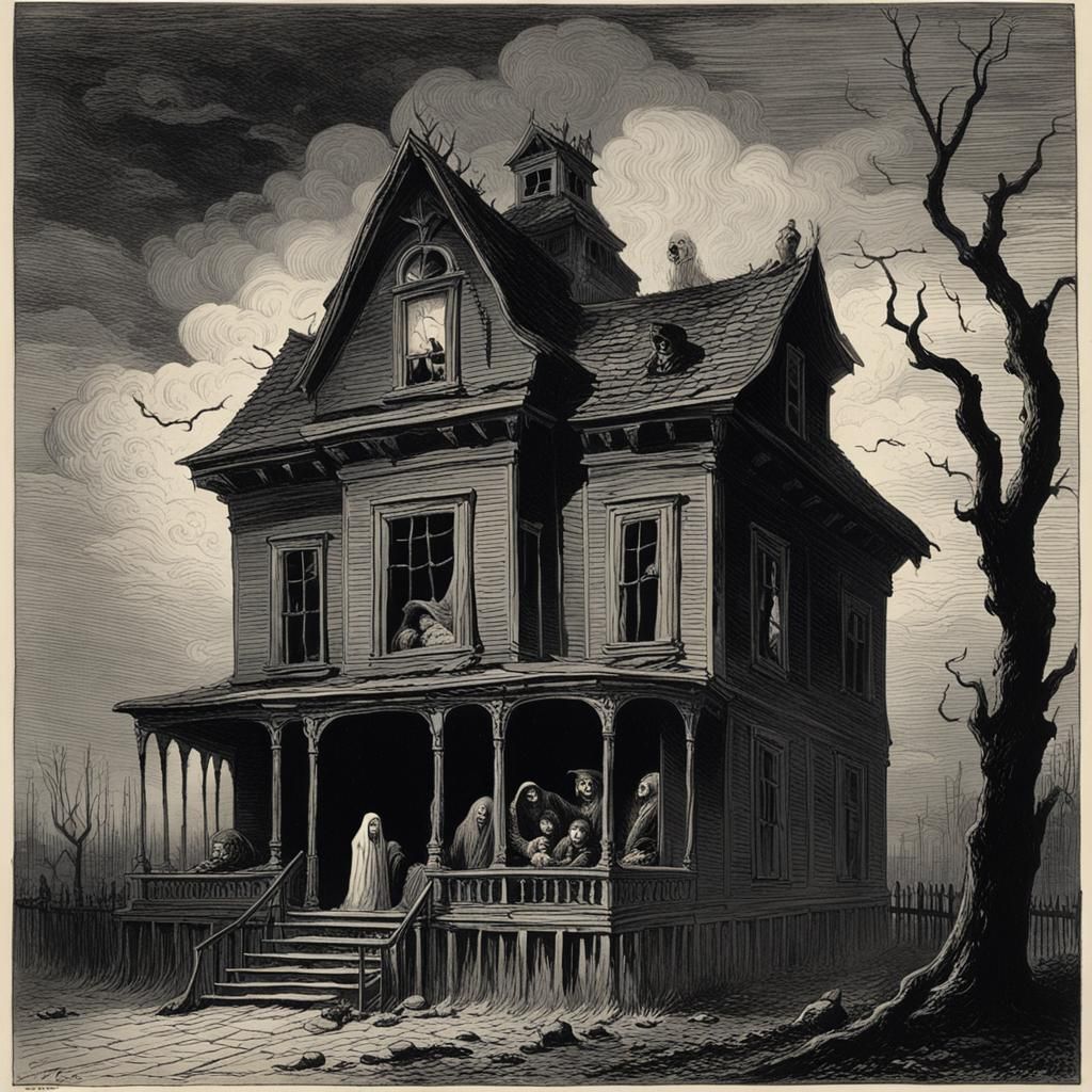 Spooky house with an Apparition of a woman and child in a wi...
