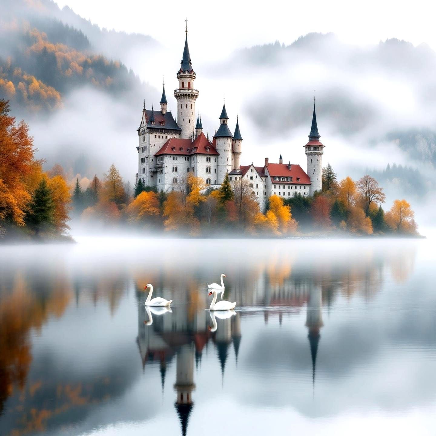 A Misty Fairytale Castle in Bavaria that sits on a lake, pro...