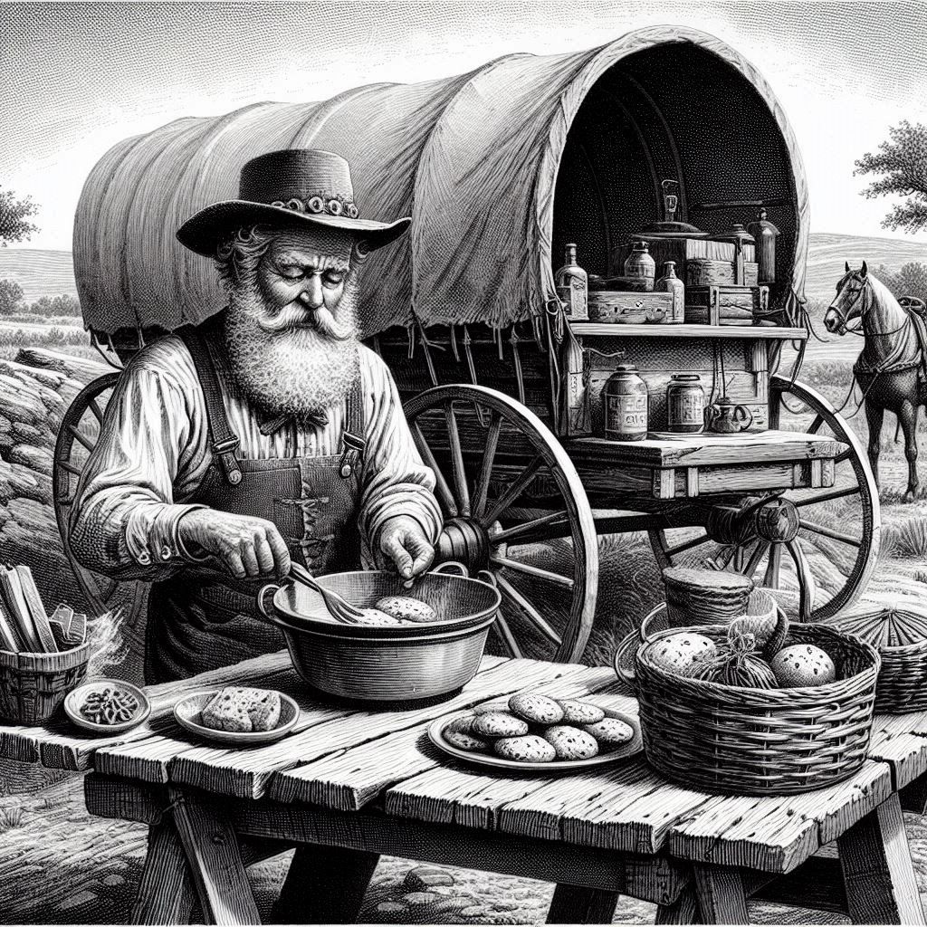 An old west cookie prepares a meal in a chuckwagon in a realistic drawing