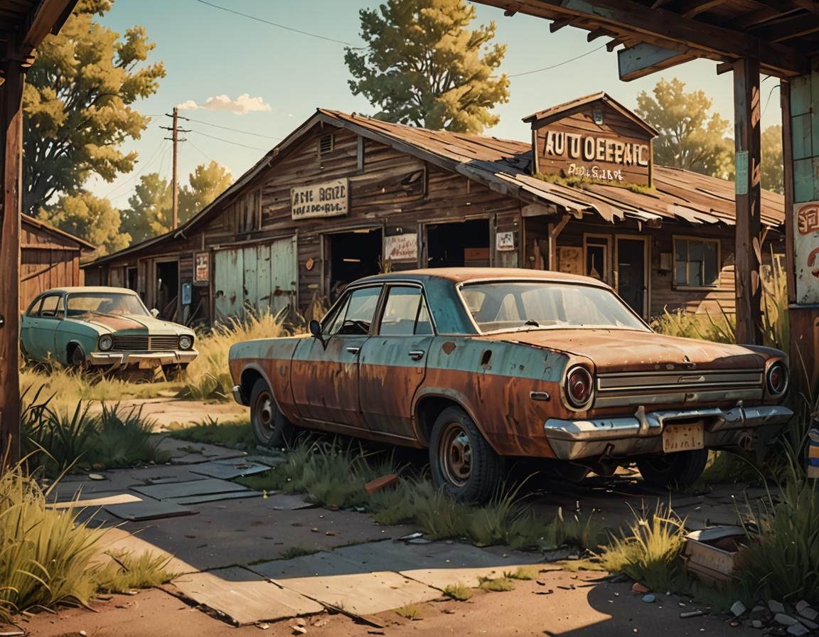 Auto repair garage abandoned for many years, unkept, tall grass, the remains of 1930's & 40's cars some intact litter the outside of the ol...