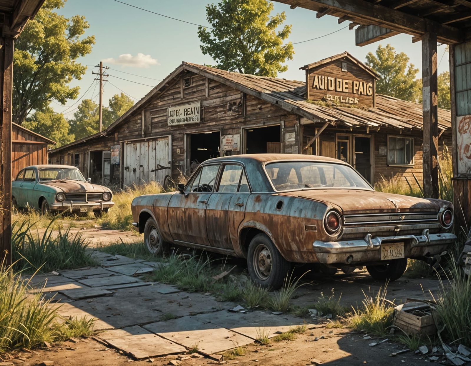 Auto repair garage abandoned for many years, unkept, tall gr...