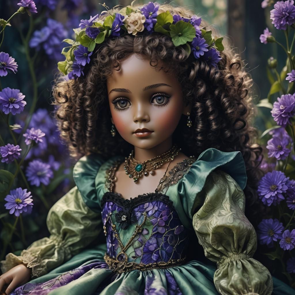 Stunning vintage doll with curly hair and black skin