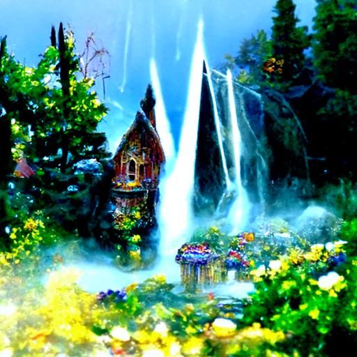 Little fairy village behind a waterfall