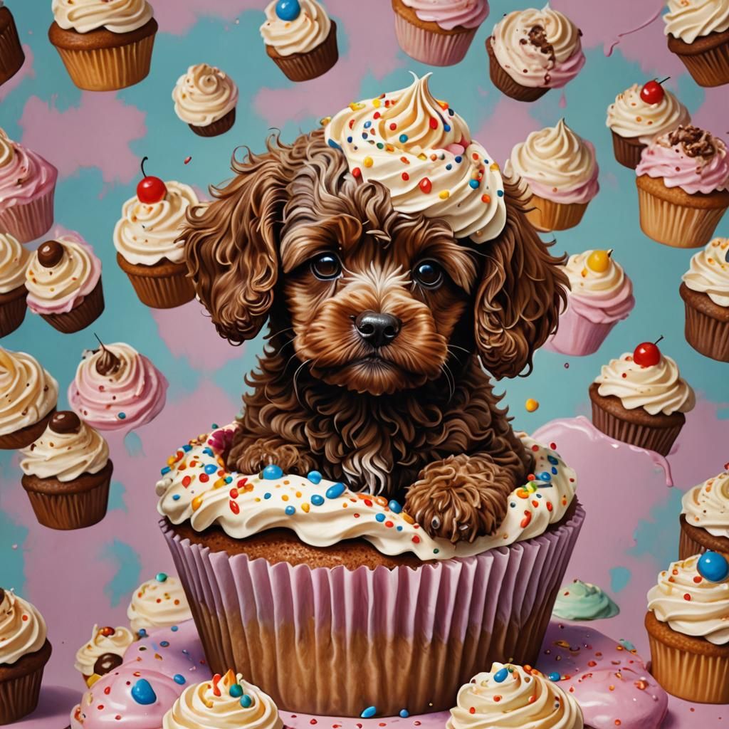 Cockapoo Puppy in Cupcake: Hyperrealistic Splash Art