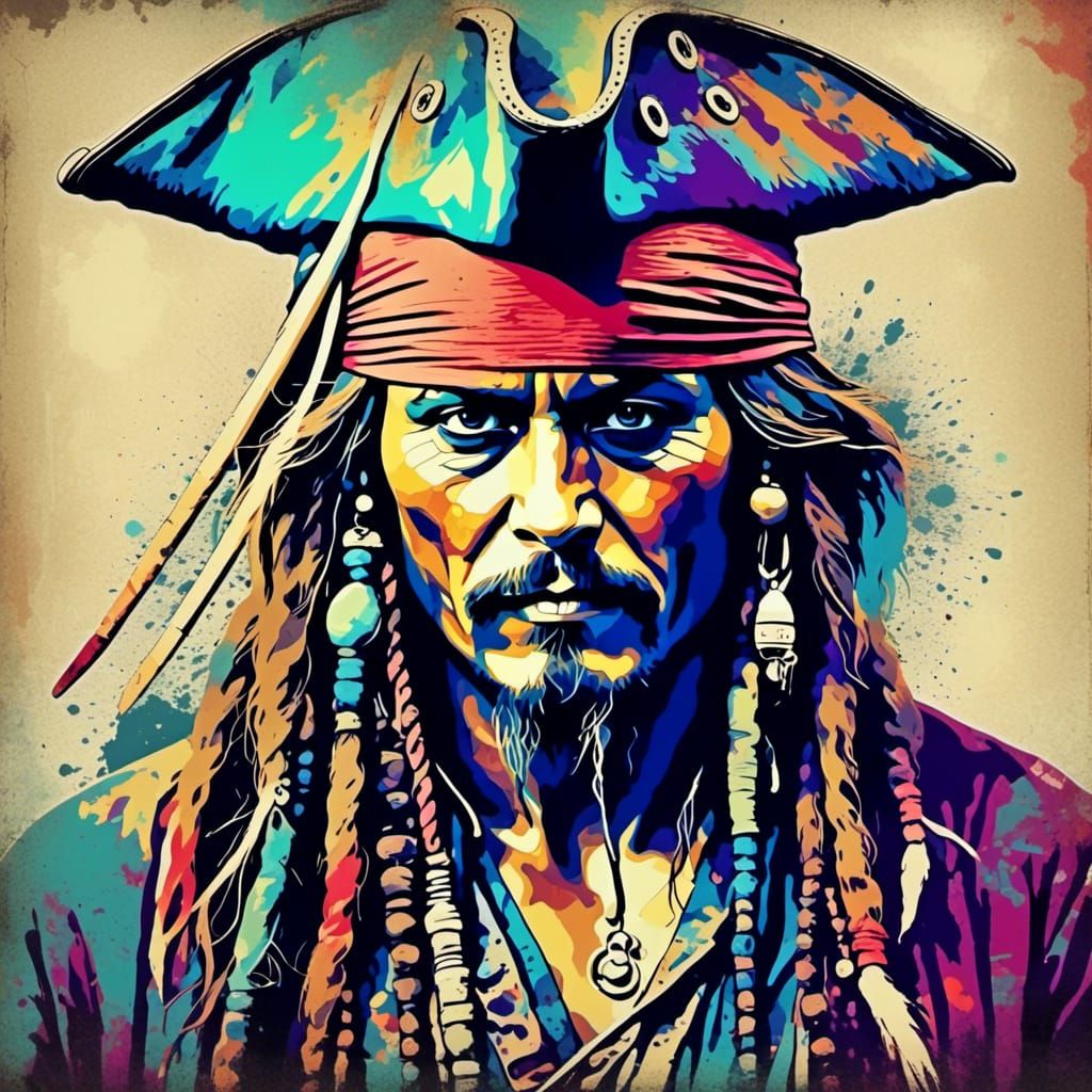 Pop art style with a grunge art filter, Captain Jack Sparrow, grunge style, 2D, visually striking and intriguing, complimentary colors, cont...