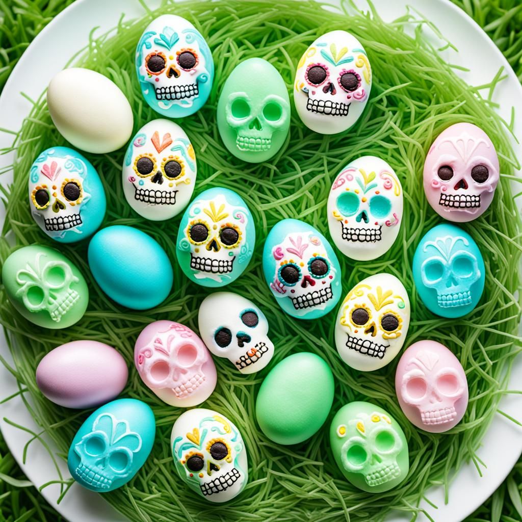 white chocolate sugar skull eggs, pastel colors, surrounded by jelly