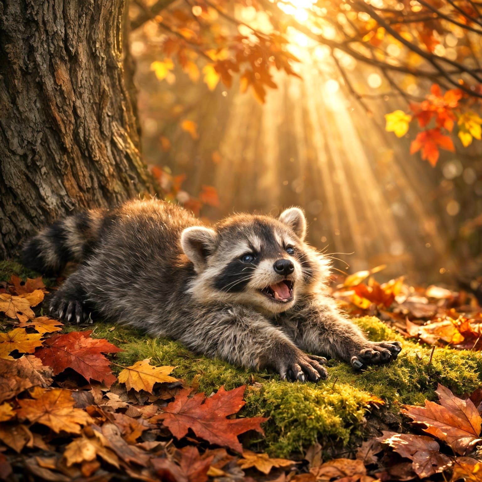 Baby Raccoon Stretches in Autumn Sunlight