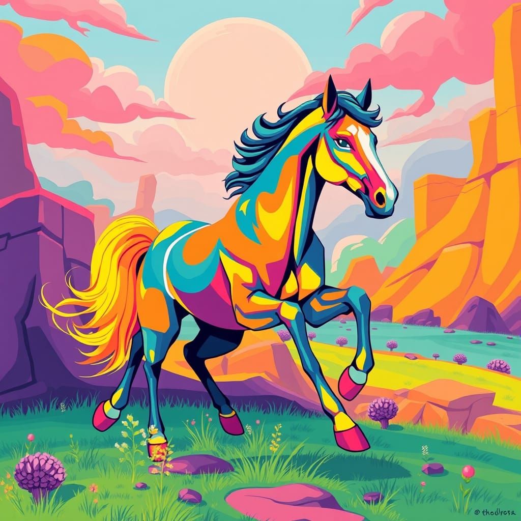 Stylized Horse Galloping in Whimsical Fantasy Landscape