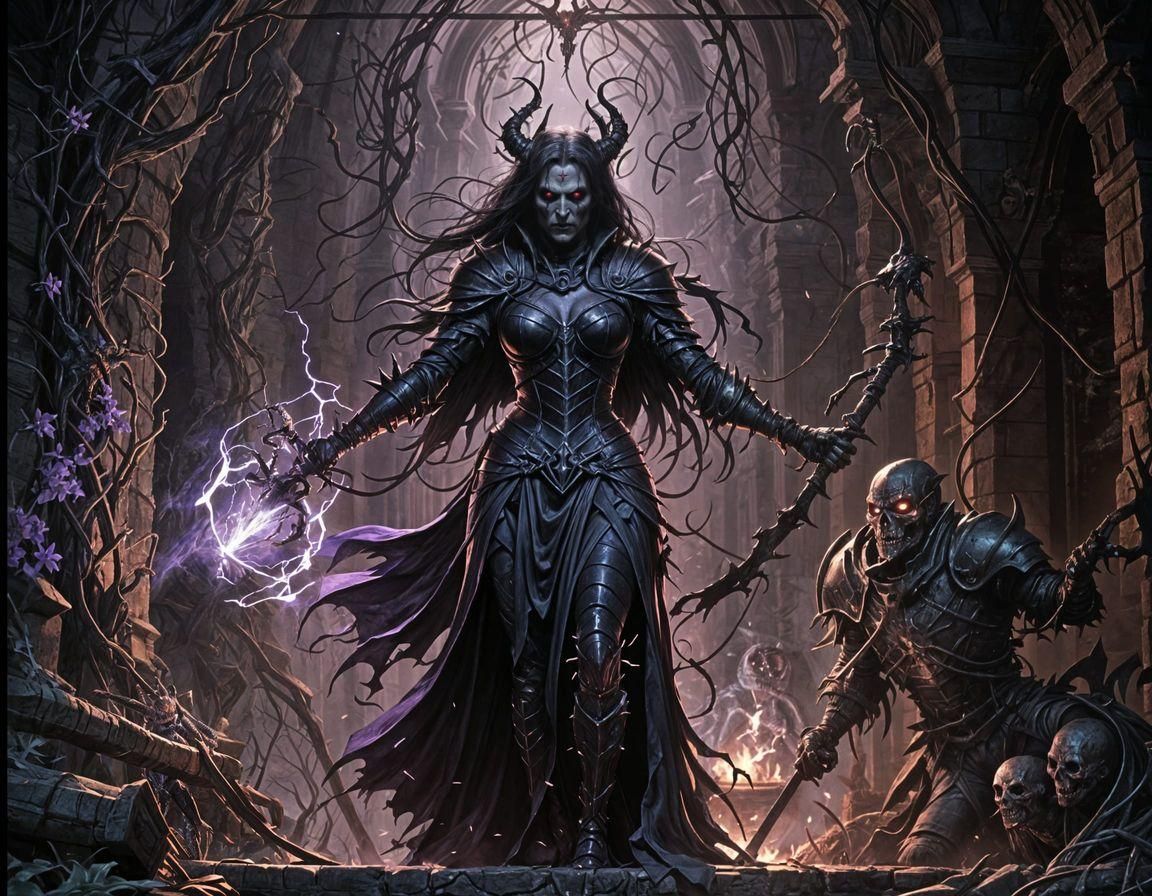 Demonic wicth summoning the undead knight in the crawling cr...