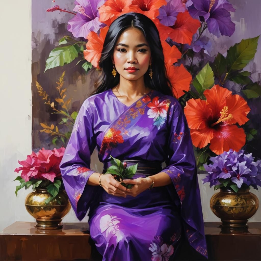 Acrylic portrait of Indonesian woman surrounded by blooming ...