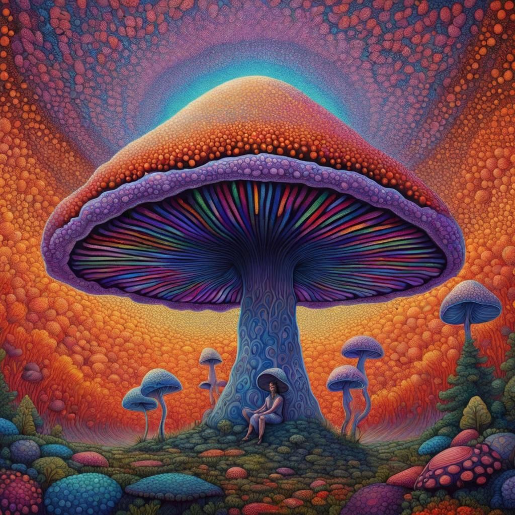 sitting at the edge of an enormous mushroom, intricate psychedelic ...