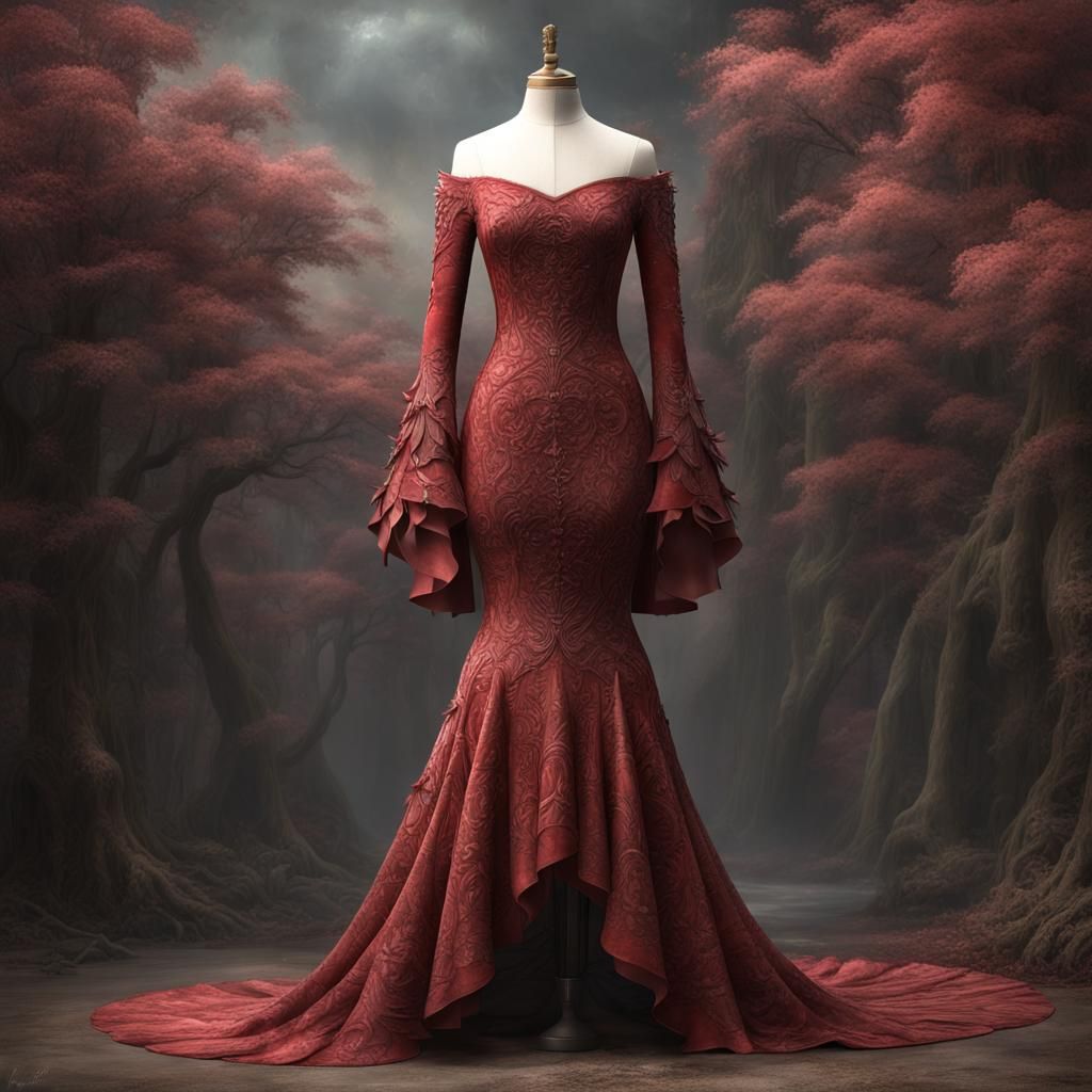 slim elf dress on a dress form, blush red, velvet fabric, fa...
