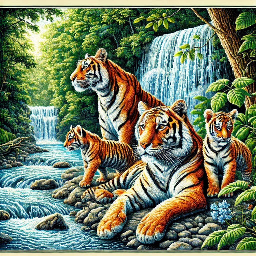 Pointilism tiger and cubs