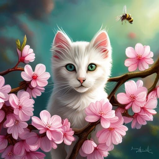 White kitten. Cute white cat. Cherry blossoms. Lovely eyes. White and ...