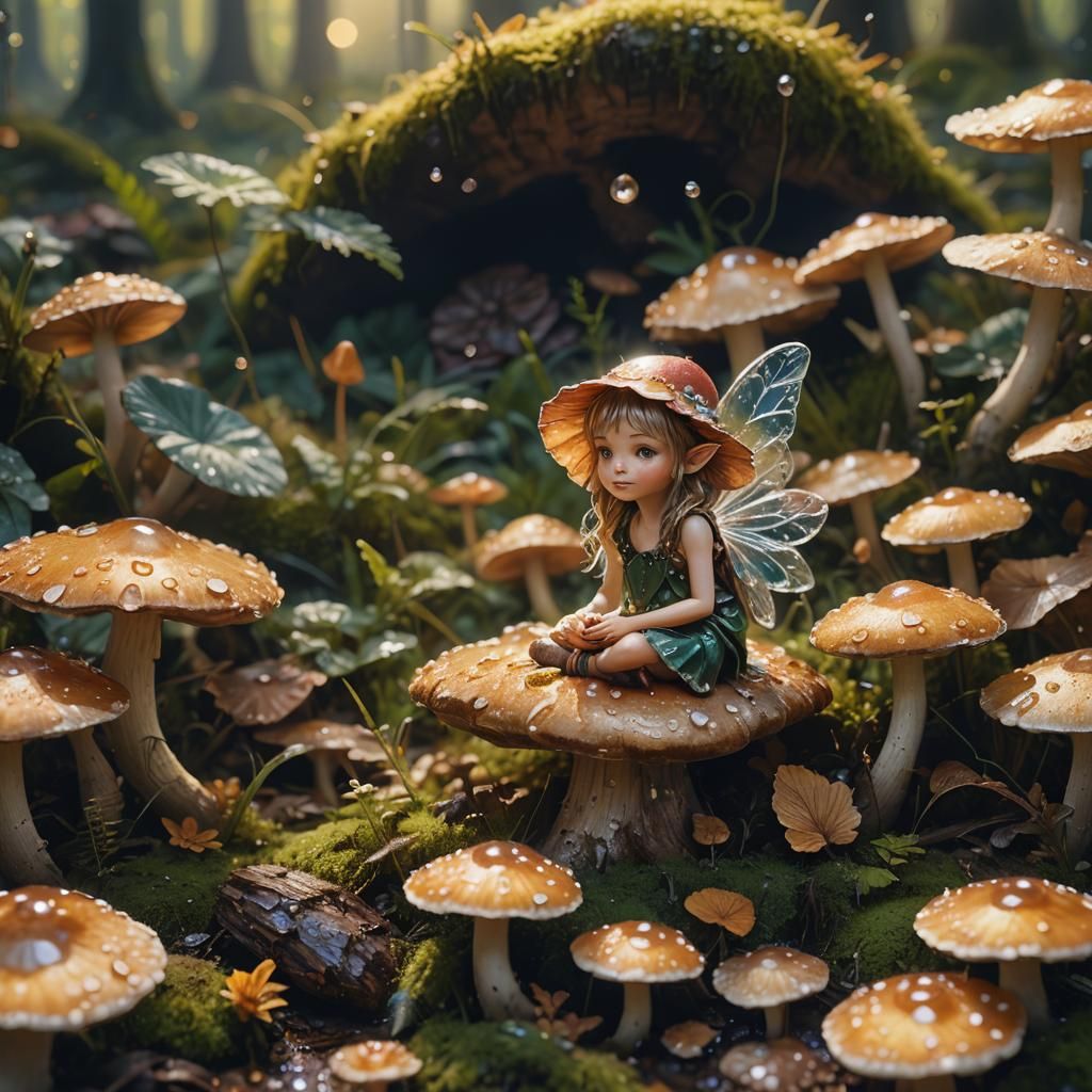 Macro photography of a tiny fairy sitting on a mushroom. Dew...