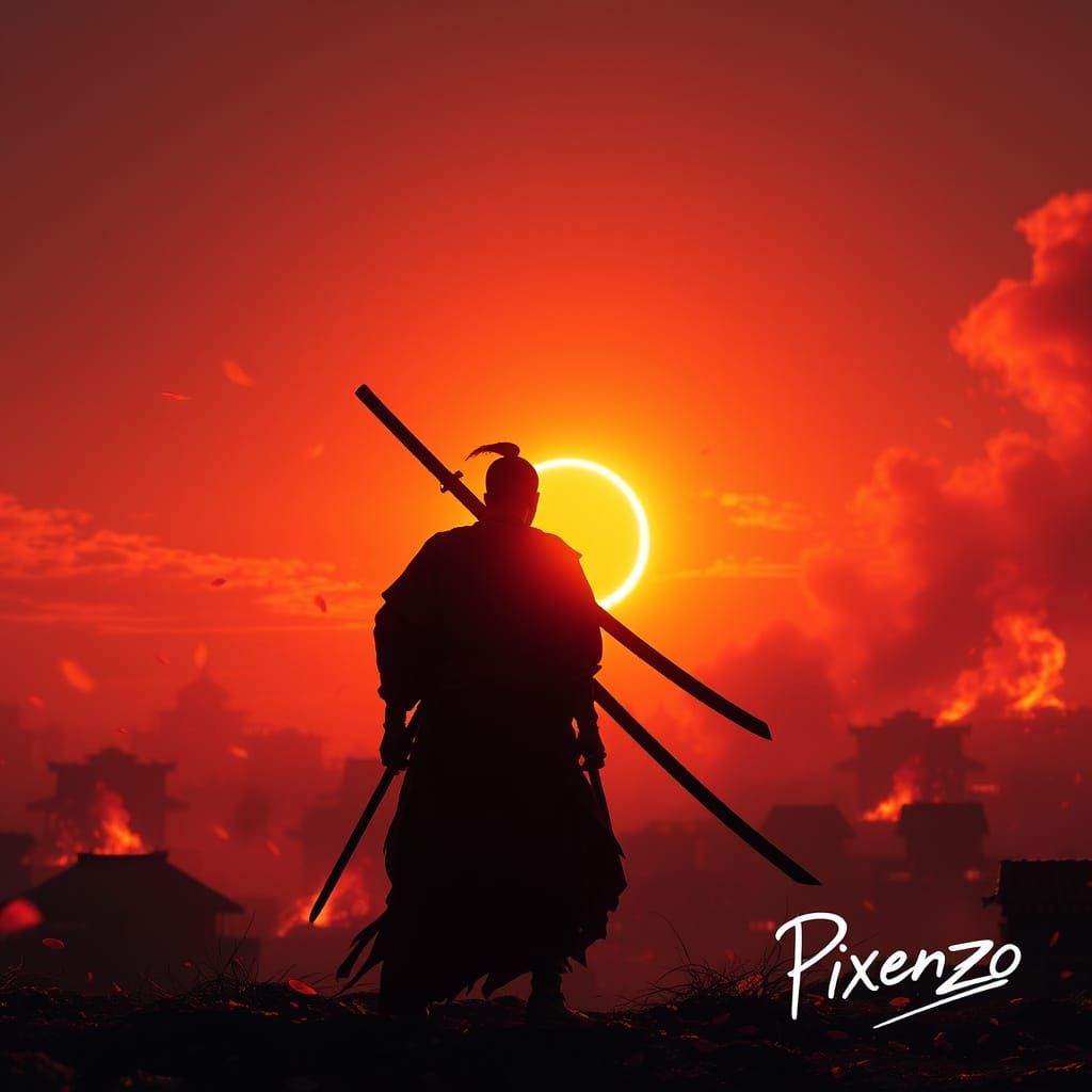 Samurai Facing Burning Village at Sunset