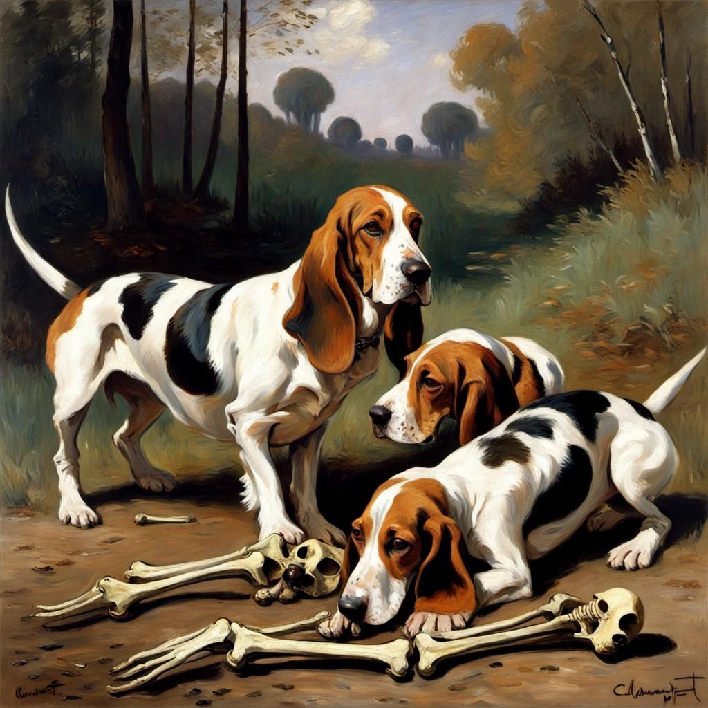 a pack of basset hounds digging up the bones of a skeleton - AI ...