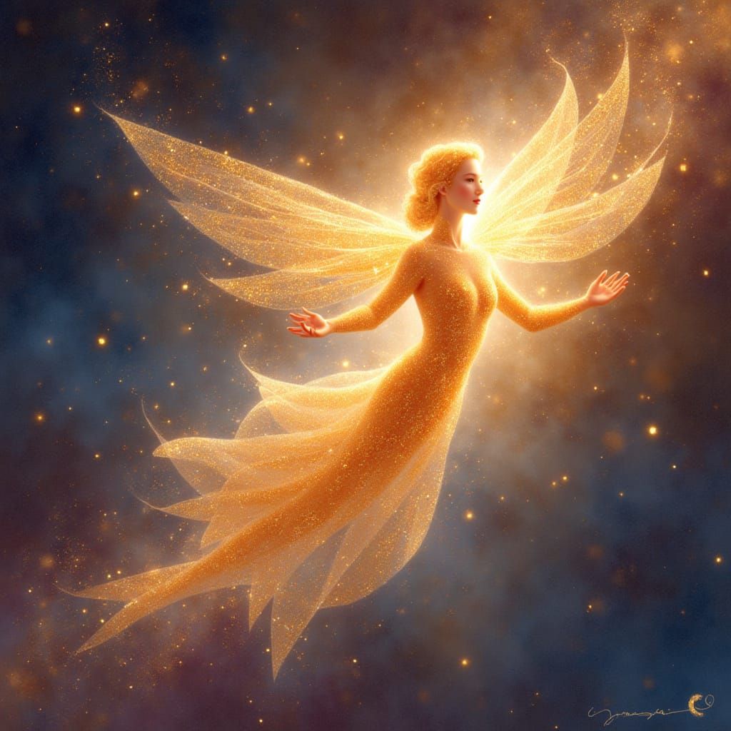A radiant celestial being floats gracefully in a digital anime painting, its sparkling and shimmering form captivating viewers with its othe...